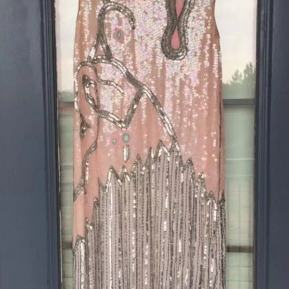 Vtg Howard Hearstfield Luxury Light Pink Silver Hand Beaded Sequin Silk Dress M - Picture 5 of 17